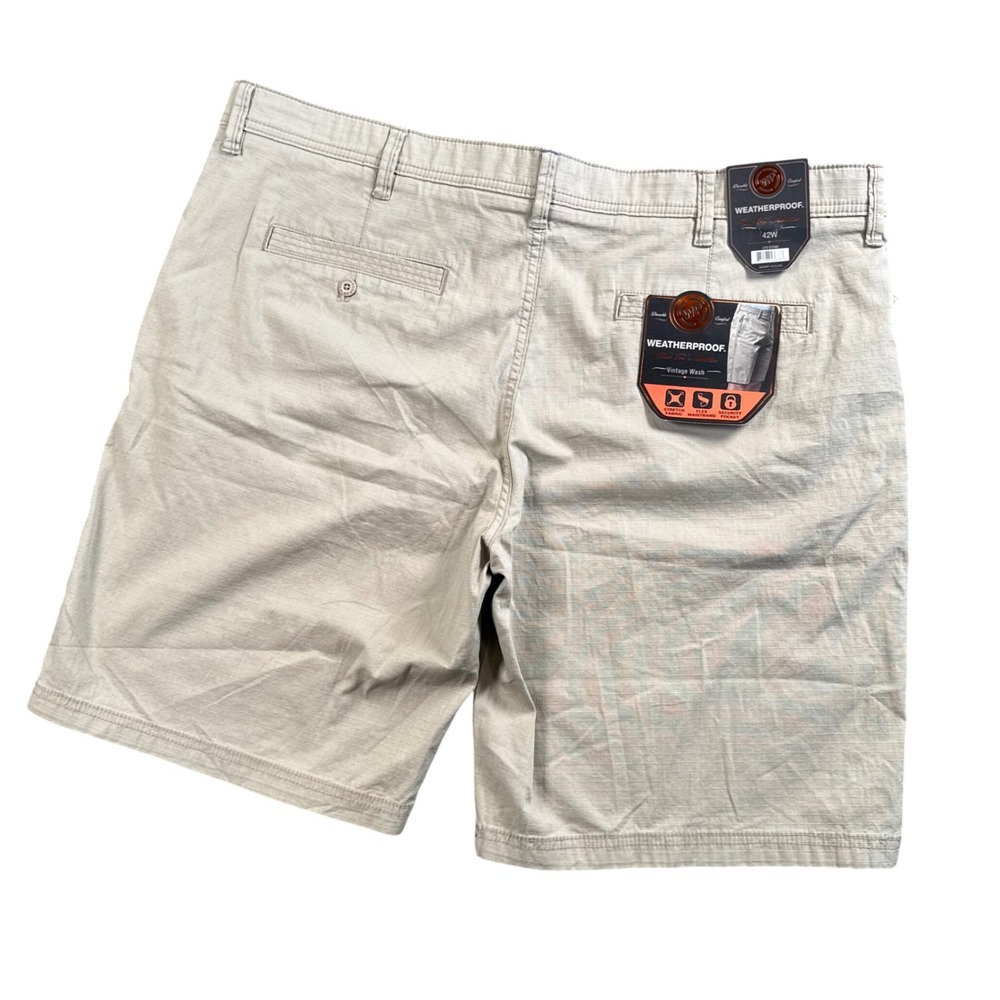 NWT Weatherproof Shorts Mens 42 Stone Beige Vintage Wash Ripstop Stretch
